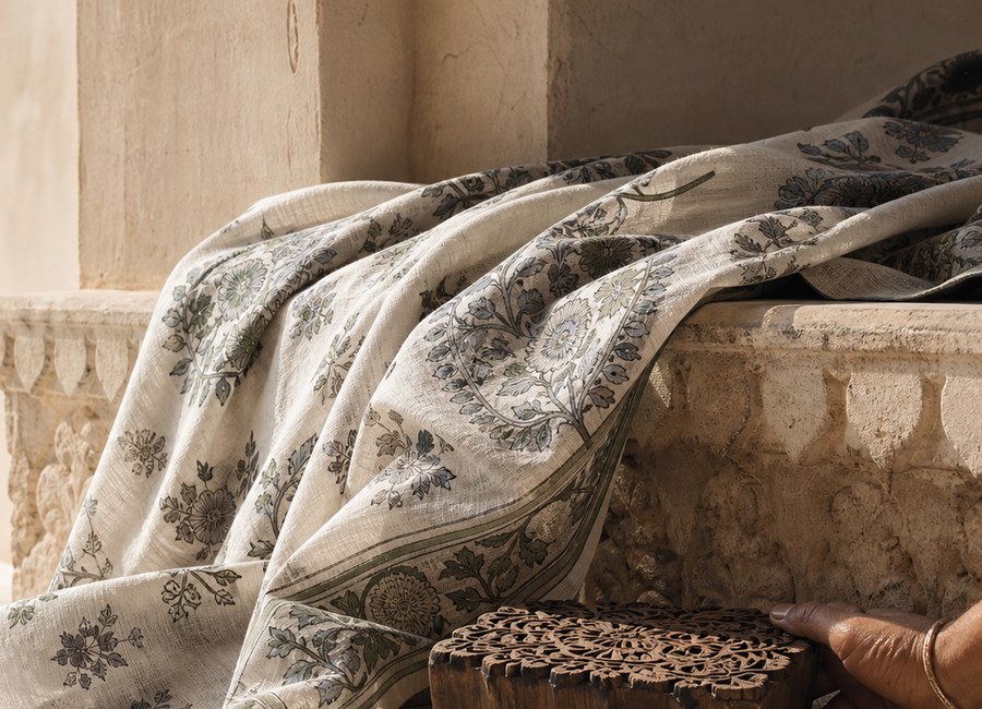 Maison Jai printed fabric in a courtyard